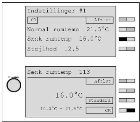 Indstillinger #1 01 Afslut Normal rumtemp 21.5°C Sønk rumtemp 16.0°C Stejlhed 12.5 Sønk rumtemp 113 Afslut 16.0°C Standard 10.0°C - 21.5°C OK