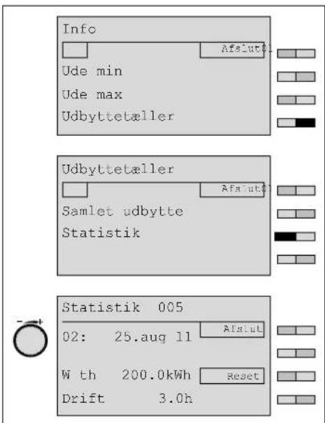Info Ude min Ude max Udbyttetæller Udbyttetæller Samlet udbytte Statistik Statistik 005 02: 25.aug 11 W th 200.0kWh Reset Drift 3.0h