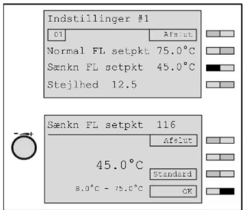 Indstillinger #1 01 Afslut Normal FL setpkt 75.0°C Sænkn FL setpkt 45.0°C Stejlhed 12.5 Sænkn FL setpkt 116 45.0°C Standard 8.0°C - 75.0°C OK