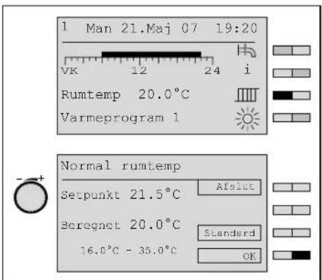 1 Man 21.Maj 07 19:20 VK 12 24 i Rumtemp 20.0°C Varmeprogram 1 Normal rumtemp Setpunkt 21.5°C Afslut Beregnet 20.0°C Standard 16.0°C - 35.0°C OK