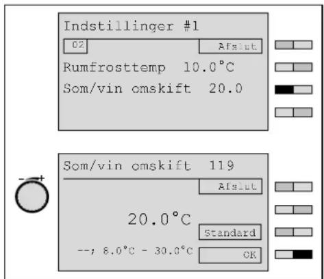Indstillinger #1 CZ Atslut Rumfrosttemp 10.0°C Som/ vin omskift 20.0 Som/ vin omskift 119 20.0°C Standard --; 8.0°C - 30.0°C OK