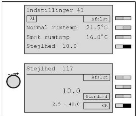 Indstillinger #1 01 Normal rumtemp 21.5°C Sank rumtemp 16.0°C Stejlhed 10.0 Stejlhed 117 10.0 Standard 2.5 - 40.0 Afslut Standard OK