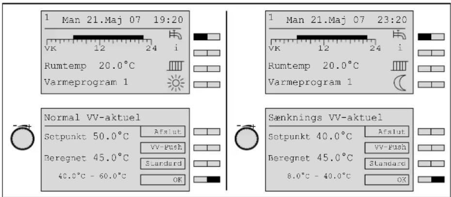 1 Man 21.Maj 07 19:20 VK 12 24 i Rumtemp 20.0°C Varmeprogram 1 Normal VV-aktuel Setpunkt 50.0°C Afslut. VV-Push Beregnet 45.0°C Standard 40.0°C - 60.0°C OK 1 Man 21.Maj 07 23:20 VK 12 24 i Rumtemp 20.0°C Varmeprogram 1 Sæknings VV-aktuel Setpunkt 40.0°C Afslut. VV-Push Beregnet 45.0°C Standard 8.0°C - 40.0°C OK