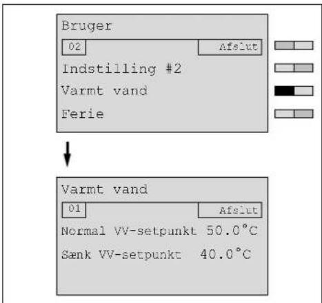 Bruger 02 Afslut Indstilling #2 Varmt vand Ferie ↓ Varmt vand 01 Afslut Normal VV-setpunkt 50.0°C Sank VV-setpunkt 40.0°C