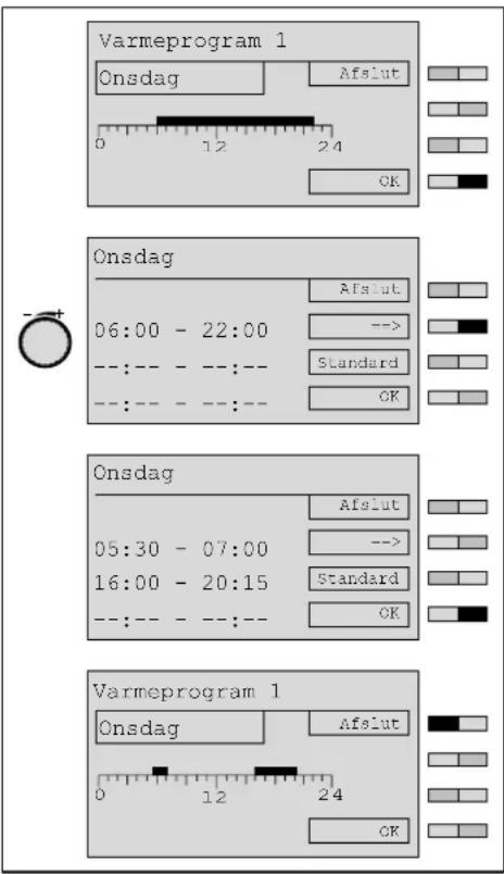Varmeprogram 1 Onsdag Afslut 0 12 24 OK Onsdag Afslut 06:00 - 22:00 --> --:-- --:-- Standard --:-- --:-- OK Onsdag Afslut 05:30 - 07:00 --> 16:00 - 20:15 Standard --:-- --:-- OK Varmeprogram 1 Onsdag Afslut 0 12 24 OK