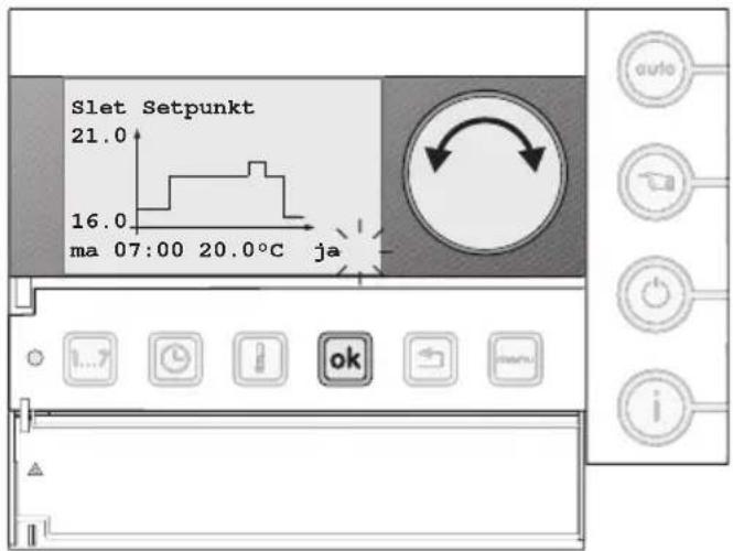 Slet Setpunkt 21.0 16.0 ma 07:00 20.0°C ja auto