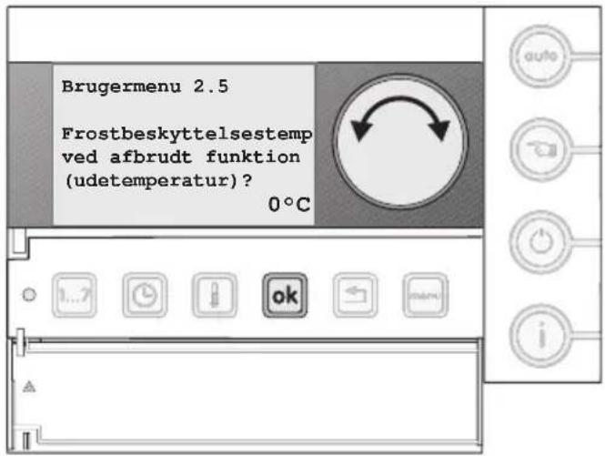 Brugermenu 2.5 Frostbeskyttelsestemp ved afbrudt funktion (udetemperatur)? 0°C
