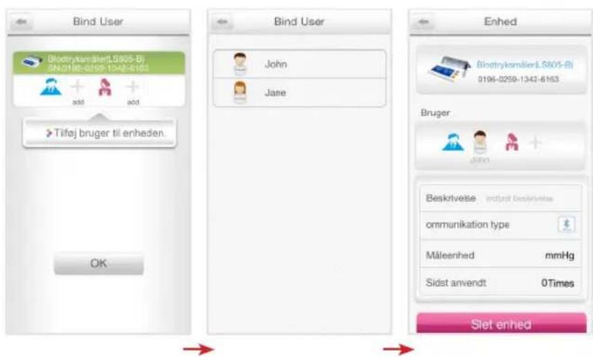 Bind User BiodrykomslåerLS605-Bj Shoetle-0259-1342-6163 + add + add > Tifej bruger til enheden. OK Bind User John Jane Enhed BiodrykomslåerLS605-Bj 0196-0259-1342-6163 Bruger + John + Beskrivelse indust beskrivelse ommunikation type Måleenhed mmHg Sidst anvendt 0Times Slet enhed