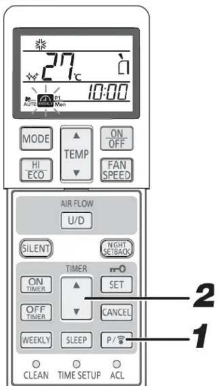 27°C 10:00 AUTO WEEK 3 Men MODE TEMP ON/OFF HI/ECO FAN SPEED AIR FLOW U/D SILENT NIGHT SETBACK TIMER ON/TIMER SET OFF/TIMER CANCEL WEEKLY SLEEP P/ CLEAN TIME SETUP ACL 2 1