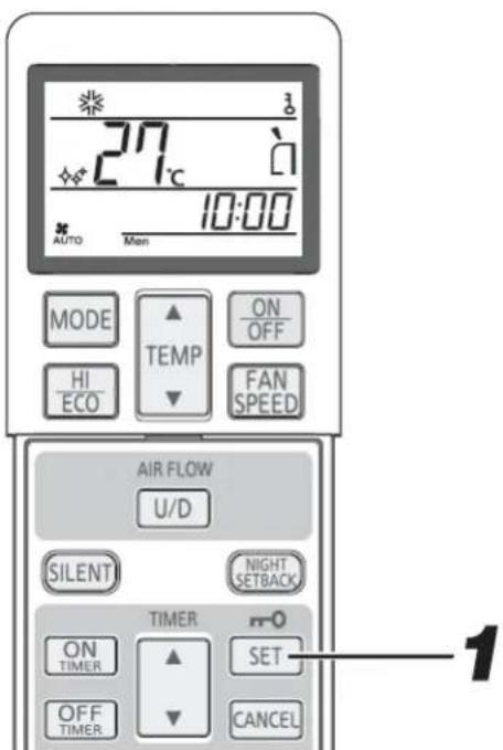 27°C 10:00 AUTO Man MODE TEMP ON/OFF HI/ECO FAN SPEED AIR FLOW U/D SILENT NIGHT SETBACK TIMER ON/TIMER SET OFF/TIMER CANCEL 1