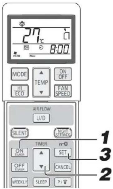 27°C ON 8:00 AUTO New MODE TEMP ON OFF HI ECO FAN SPEED AIR FLOW U/D SILENT NIGHT SETBACK TIMER r-0 ON TIMER SET OFF TIMER CANCEL WEEKLY SLEEP P/ 1 3 2