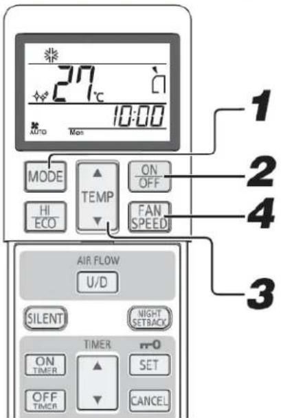 27°C 10:00 AUTO Mon MODE TEMP ON OFF HI ECO FAN SPEED AIR FLOW U/D SILENT NIGHT SETBACK TIMER m-0 ON TIMER SET OFF TIMER CANCEL