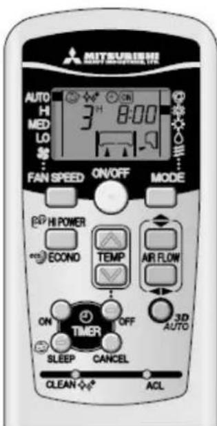 MITSUBISHI AUTO HI MED LO # FAN SPEED ON/OFF MODE HI POWER ECONO TEMP AIR FLOW ON OFF 3D AUTO TIMER SLEEP CANCEL CLEAN ACL