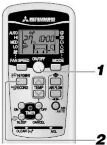 MITSUBISHI AUTO HI MED LO 27 10:00 FAN SPEED ON/OFF MODE HI POWER ECONO TEMP AIR FLOW ON OFF 3D AUTO TIMER SLEEP CANCEL CLEAN ACL 1 2