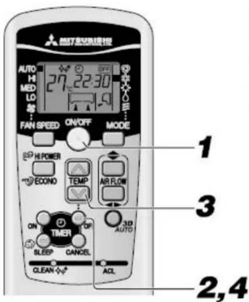 AUTO H MED LO FAN SPEED ON/OFF MODE HI POWER ECONO TEMP AIR FLOW ON TIME 3D AUTO SLEEP CANCEL AUTO CLEAN ACL 1 3 2,4
