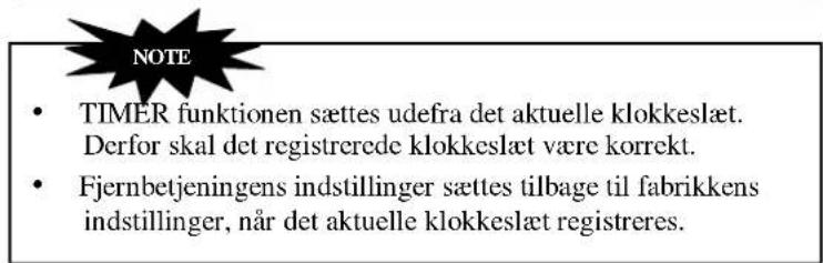 NOTE • TIMER funktionen sættes udefra det aktuelle klokkeslæt. Derfor skal det registrerede klokkeslæt være korrekt. • Fjernbetjeningens indstillinger sættes tilbage til fabrikkens indstillinger, når det aktuelle klokkeslæt registreres.