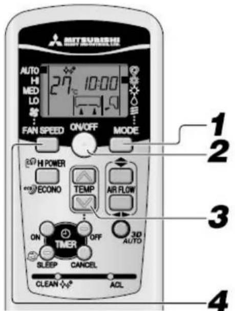 MITSUBISHI AUTO H MED LO 27 10:00 FAN SPEED ON/OFF MODE HI POWER ECONO TEMP AIR FLOW ON OFF 3D AUTO TIMER SLEEP CANCEL AUTO CLEAN ACL