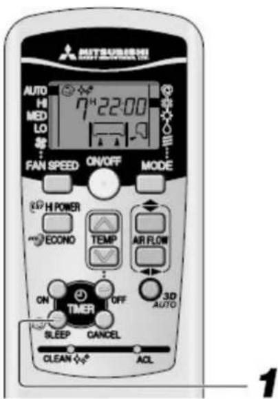 MITSUBISHI AUTO H MED LO 7 H 22:00 FAN SPEED ON/OFF MODE HI POWER ECONO TEMP AIR FLOW ON OFF 3D AUTO TIMER SLEEP CANCEL CLEAN ACL 1