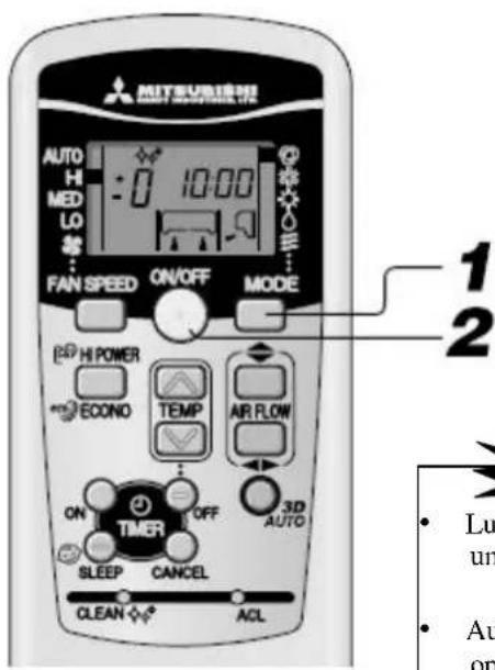 MITSUBIRI AUTO H MED LO FAN SPEED ON/OFF MODE HI POWER ECONO TEMP AIR FLOW ON OFF 3D TIMER AUTO SLEEP CANCEL CLEAN ACL 1 2 • Lu un • Au op