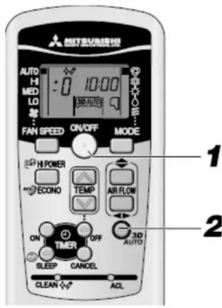 MITSURER AUTO HI MED LO 3D AUTO FAN SPEED ON/OFF MODE HI POWER ECONO TEMP AIR FLOW ON OFF 3D AUTO TIMER SLEEP CANCEL AUTO CLEAN ACL