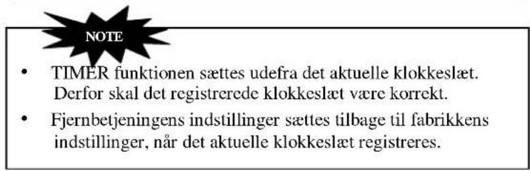 NOTE • TIMER funktionen sættes udefra det aktuelle klokkeslæt. Derfor skal det registrerede klokkeslæt være korrekt. • Fjernbetjeningens indstillinger sættes tilbage til fabrikkens indstillinger, når det aktuelle klokkeslæt registreres.