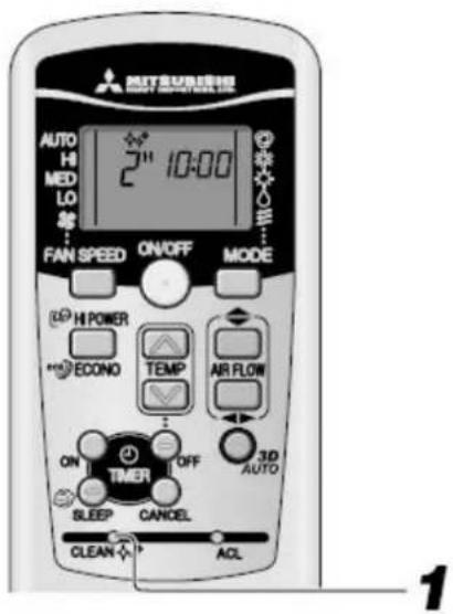 MITSUNER AUTO HI MED LO 2TH 10:00 FAN SPEED ON/OFF MODE HI POWER ECONO TEMP AIR FLOW ON OFF 3D AUTO TIMER SLEEP CANCEL CLEAN ACL 1