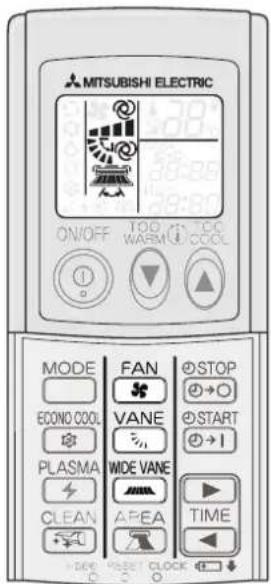 MITSUBISHI ELECTRIC ON/OFF TOO WARM TOO COOL MODE FAN STOP ECONO COOL VANE START PLASMA WIDE VANE CLEAN AREA TIME DO NOT SET CLOCK