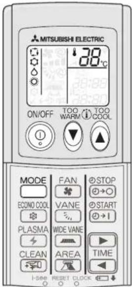 MITSUBISHI ELECTRIC 38°C ON/OFF TOO WARM TOO COOL MODE FAN STOP ECONO COOL VANE START PLASMA WIDE VANE CLEAN AREA TIME I-SEE RESET CLOCK