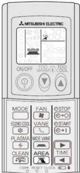 MITSUBISHI ELECTRIC ON/OFF TOO WARM TOO COOL MODE FAN STOP ECONO COOL VANE START PLASMA WIDE VANE CLEAN AREA TIME I-SEE RESET CLOCK