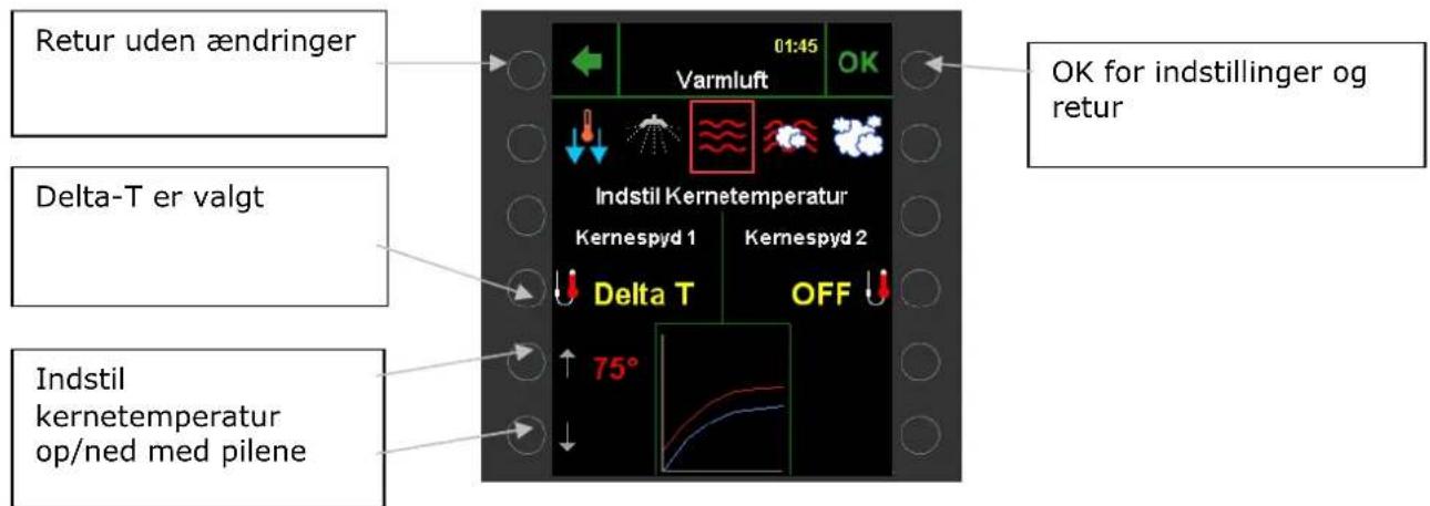 Retur uden ændringer Delta-T er valgt Indstil kernetemperatur op/ned med pilene 01:45 Varmluft Indstil Kernetemperatur Kernespyd 1 Kernespyd 2 Delta T OFF 75° OK for indstillinger og retur