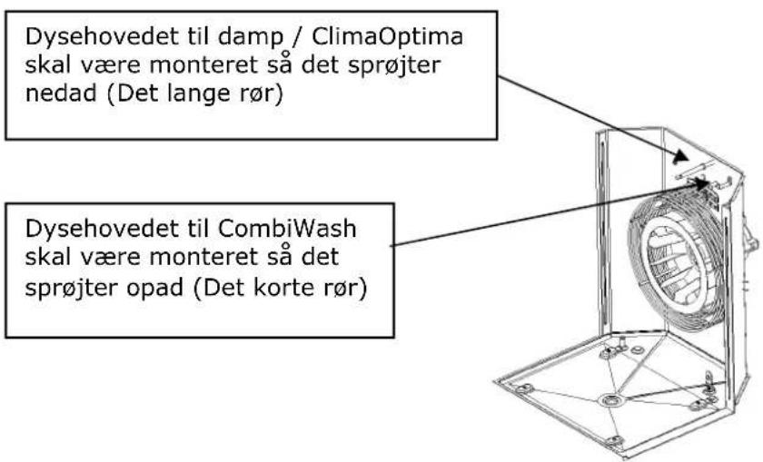 Dysehovedet til damp / ClimaOptima skal være monteret så det sprøjter nedad (Det lange rør) Dysehovedet til CombiWash skal være monteret så det sprøjter opad (Det korte rør)
