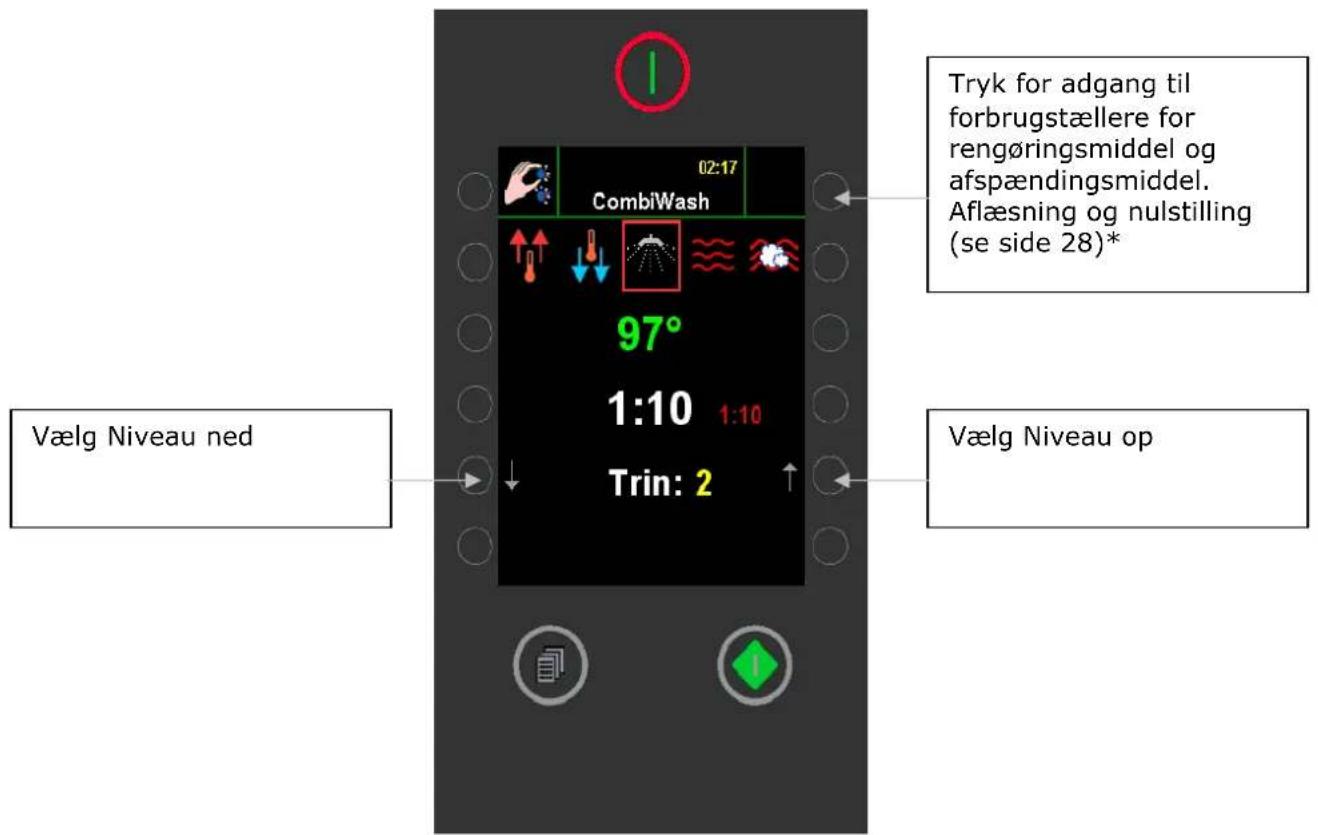 Vælg Niveau ned 02:17 CombiWash 97° 1:10 1:10 Trin: 2 Tryk for adgang til forbrugstællere for rengøringsmiddel og afspændingsmiddel. Aflæsning og nulstilling (se side 28)* Vælg Niveau op