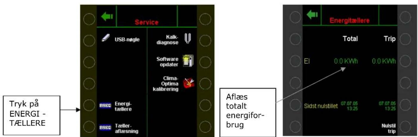 Service USB-nøgle Kalk-diagnose Software opdater Clima-Optima kalibrering Energi-tællere Tæller-aflæsning Tryk på ENERGI - TÆLLERE Aflæs totalt energifor-brug Energitællere Total Trip EI 0.0 KWh 0.0 KWh Sidst nulstillet 07.07.05 13.25 07.07.05 13.25 Nulstil trip