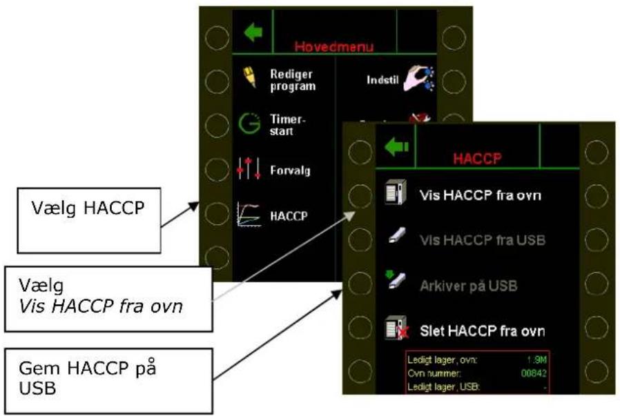 Hovedmenu Rediger program Indstil Timer-start Forvalg HACCP Vælg HACCP Vælg Vis HACCP fra ovn Gem HACCP på USB HACCP Vis HACCP fra ovn Vis HACCP fra USB Arkiver på USB Slet HACCP fra ovn Ledigt lager, ovn: 1.9M Ovn nummer: 00842 Ledigt lager, USB: