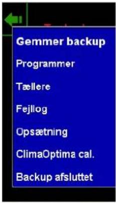 Gemmer backup Programmer Tællere Fejllog Opsætning ClimaOptima cal. Backup afsluttet
