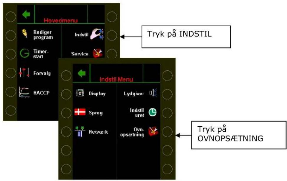 Hovedmenu Rediger program Indstil Service Timer-start Forvalg HACCP Indstil Menu Display Sprog Netværk Lydgiver Indstil uret Ovn-opsætning Tryk på INDSTIL Tryk på OVNOPSÆTNING