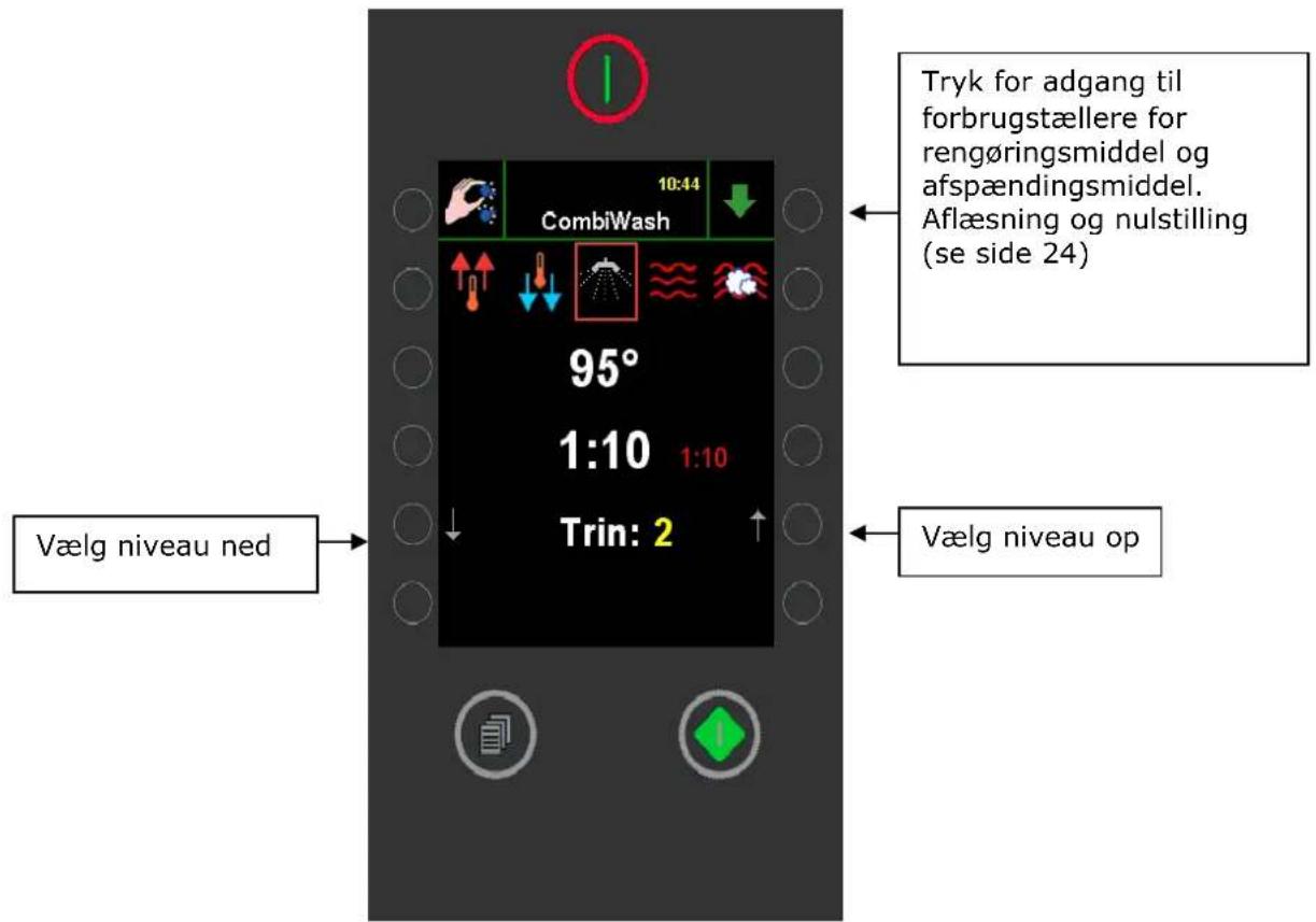 Vælg niveau ned 10:44 CombiWash 95° 1:10 1:10 Trin: 2 Tryk for adgang til forbrugstællere for rengøringsmiddel og afspændingsmiddel. Aflæsning og nulstilling (se side 24) Vælg niveau op