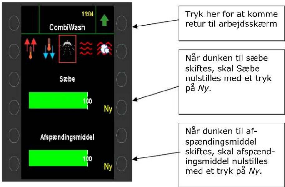 11:04 CombiWash Sæbe 100 Ny Afspændingsmiddel 100 Ny Tryk her for at komme retur til arbejdsskærm Når dunken til sæbe skiftes, skal Sæbe nulstilles med et tryk på Ny. Når dunken til af- spændingsmiddel skiftes, skal afspænd- ingsmiddel nulstilles med et tryk på Ny.