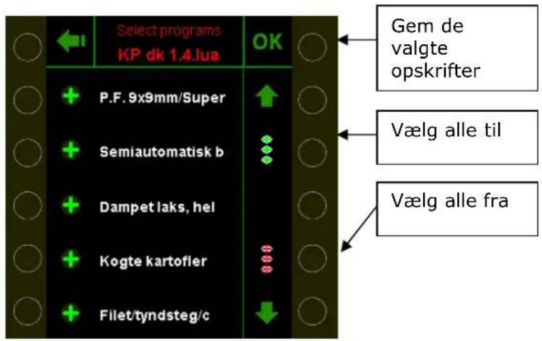 Select programs KP dk 1.4.lua OK Gem de valgte opskrifter P.F. 9x9mm/Super Semiautomatisk b Dampet laks, hel Kogte kartofler Filet/tyndsteg/c Vælg alle til Vælg alle fra