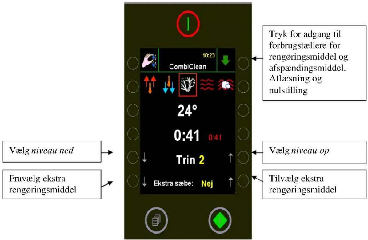 Vælg niveau ned Fravælg ekstra rengøringsmiddel 10:23 CombiClean 24° 0:41 0:41 Trin 2 Ekstra sæbe: Nej Tryk for adgang til forbrugstællere for rengøringsmiddel og afspændingsmiddel. Aflæsning og nulstilling Vælg niveau op Tilvælg ekstra rengøringsmiddel