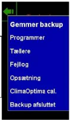 Gemmer backup Programmer Tællere Fejllog Opsætning ClimaOptima cal. Backup afsluttet