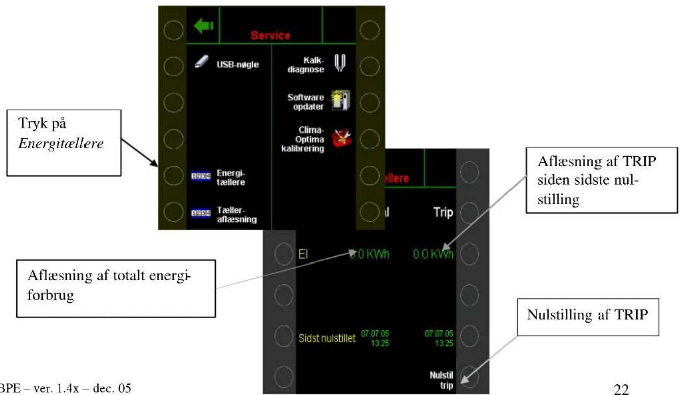 Tryk på Energitællere Service USB-nøgle Kalk- diagnose Software opdater Clima- Optima kalibrering Energi- tællere Tæller- aflæsning Aflæsning af totalt energi- forbrug Eli 0.0 KWh 0.0 KWh Sidst nulstillet 07.07.05 13.25 07.07.05 13.25 Nulstil trip Trip Aflæsning af TRIP siden sidste nul- stilling Nulstilling af TRIP BPE - ver. 1.4x - dec. 05 22