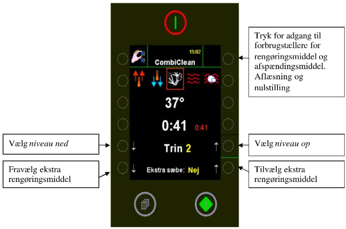 Vælg niveau ned Fravælg ekstra rengøringsmiddel 15:02 CombiClean 37° 0:41 0:41 Trin 2 Ekstra sæbe: Nej Tryk for adgang til forbrugstællere for rengøringsmiddel og afspændingsmiddel. Aflæsning og nulstilling Vælg niveau op Tilvælg ekstra rengøringsmiddel