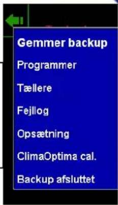 Gemmer backup Programmer Tællere Fejllog Opsætning ClimaOptima cal. Backup afsluttet