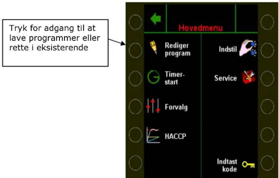 Tryk for adgang til at lave programmer eller rette i eksisterende Hovedmenu Rediger program Indstil Timer- start Service Forvalg HACCP Indtast kode
