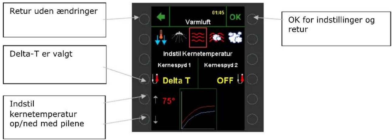Retur uden ændringer Delta-T er valgt Indstil kernetemperatur op/ned med pilene 01:45 Varmluft Indstil Kernetemperatur Kernespyd 1 Kernespyd 2 Delta T OFF 75° OK for indstillinger og retur