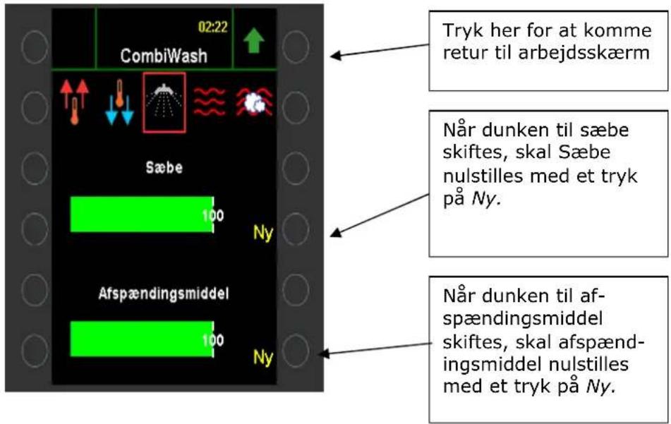 02:22 CombiWash Sæbe 100 Ny Afspændingsmiddel 100 Ny Tryk her for at komme retur til arbejdsskærm Når dunken til sæbe skiftes, skal Sæbe nulstilles med et tryk på Ny. Når dunken til af- spændingsmiddel skiftes, skal afspænd- ingsmiddel nulstilles med et tryk på Ny.