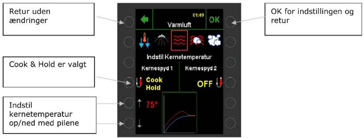Retur uden ændringer Cook & Hold er valgt Indstil kernetemperatur op/ned med pilene 01:49 Varmluft OK Indstil Kernetemperatur Kernespyd 1 Kernespyd 2 Cook Hold OFF 75° OK for indstillingen og retur