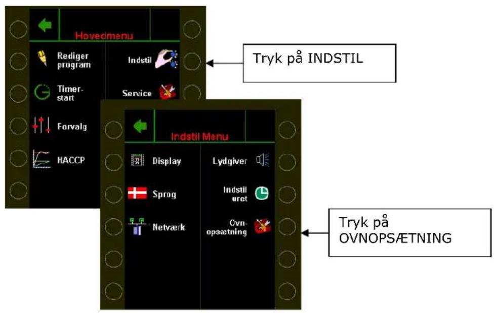 Hovedmenu Rediger program Indstil Timer-start Service Forvalg HACCP Indstil Menu Display Sprog Netværk Lydgiver Indstil uret Ovn-opsætning Tryk på INDSTIL Tryk på OVNOPS/ETNING