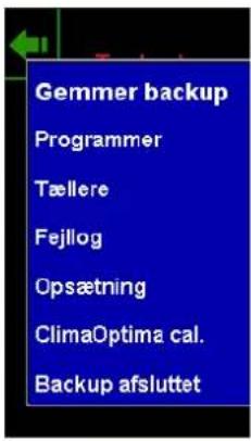 Gemmer backup Programmer Tællere Fejllog Opsætning ClimaOptima cal. Backup afsluttet